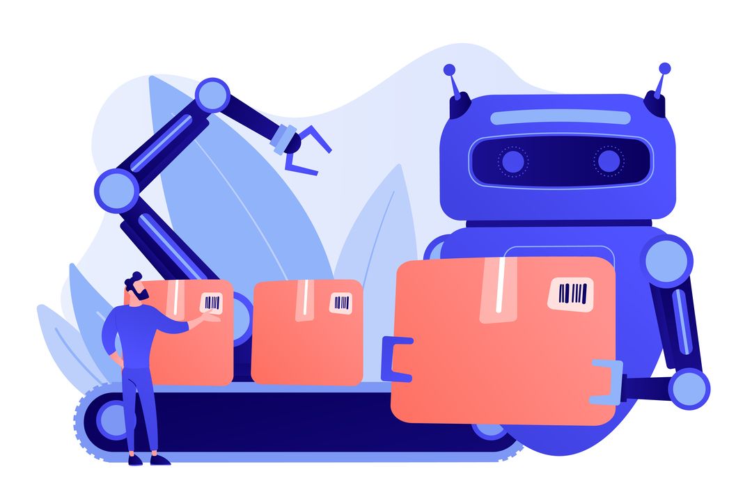 Ilustração vetorizada de um robô carregando caixas, como se fosse um processo de mudança de residência. Isso representa a migração do ActiveCampaign para Salesforce.